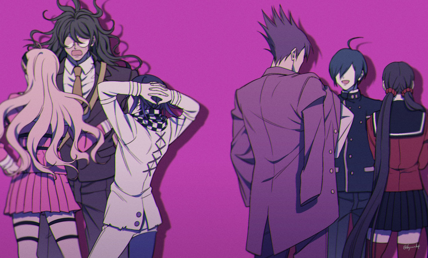 2girls 4boys :d ahoge antenna_hair arms_behind_head black_hair black_jacket black_pants black_sailor_collar black_skirt breast_pocket brown_hair brown_jacket brown_pants brown_suit buttons collared_shirt cowboy_shot danganronpa_(series) danganronpa_v3:_killing_harmony double-breasted facing_another facing_away formal from_behind glasses gokuhara_gonta grey_jacket grey_pants hair_between_eyes hair_ornament hair_scrunchie harukawa_maki highres iruma_miu jacket jacket_on_shoulders long_hair low_twintails messy_hair miniskirt momota_kaito multicolored_hair multiple_boys multiple_girls necktie no_eyes open_mouth orange_necktie ouma_kokichi pants pink_background pink_hair pink_jacket pink_pants pink_shirt pink_skirt pleated_skirt pocket red_scrunchie red_shirt red_thighhighs round_eyewear saihara_shuuichi sailor_collar school_uniform scrunchie shirt short_hair skirt smile spiky_hair suit thigh-highs thigh_strap tuzuriya twintails two-tone_hair white_shirt zettai_ryouiki