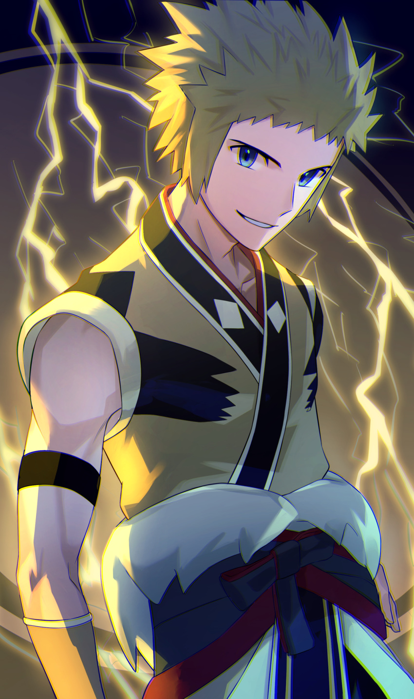 1boy absurdres armband blonde_hair blue_eyes commentary_request electricity hand_on_hip highres jacket male_focus natupath_summer official_alternate_costume parted_lips pokemon pokemon_(game) pokemon_masters_ex short_hair smile solo spiky_hair upper_body volkner_(new_year's_2022)_(pokemon) volkner_(pokemon) yellow_jacket