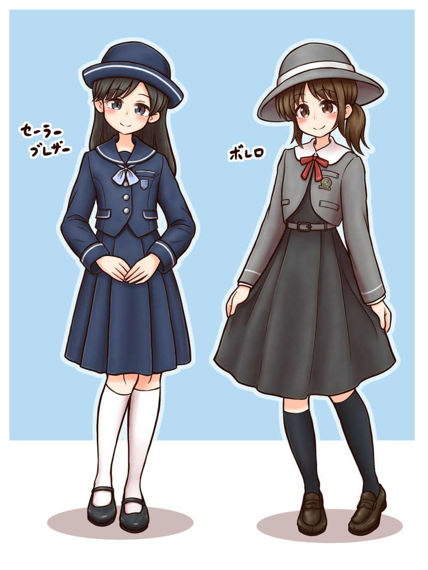 2girls black_dress black_eyes black_hair blue_headwear blue_skirt brown_eyes brown_hair commentary_request curtsey dress grey_headwear hair_ornament hat highres kneehighs loafers medium_dress medium_hair medium_skirt multiple_girls original ponytail shitacemayo shoes sidelocks skirt skirt_hold smile socks translation_request