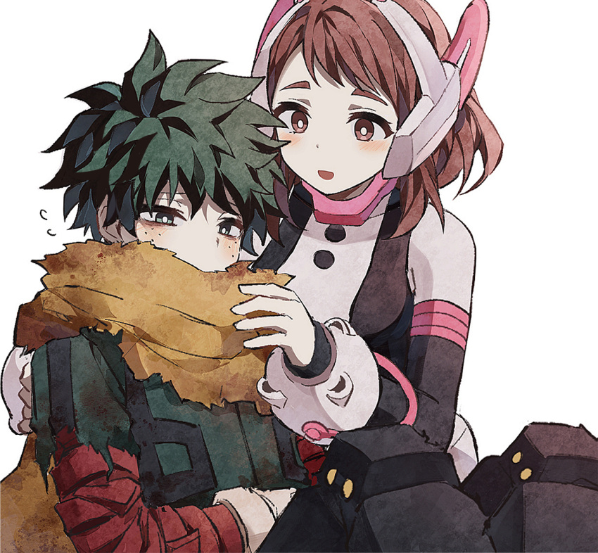 1boy 1girl arm_on_thigh bags_under_eyes blush bodysuit boku_no_hero_academia bright_pupils brown_eyes brown_hair cape coi_mha dirty dirty_clothes dot_nose embarrassed film_grain flying_sweatdrops freckles green_bodysuit green_eyes green_hair hand_on_another's_back hands_up headgear knees_up long_sleeves looking_at_another midoriya_izuku narrowed_eyes official_alternate_costume open_mouth pale_skin short_hair sidelocks simple_background sitting smile spoilers swept_bangs torn_cape torn_clothes torn_sleeve upper_body uraraka_ochako white_background white_pupils yellow_cape