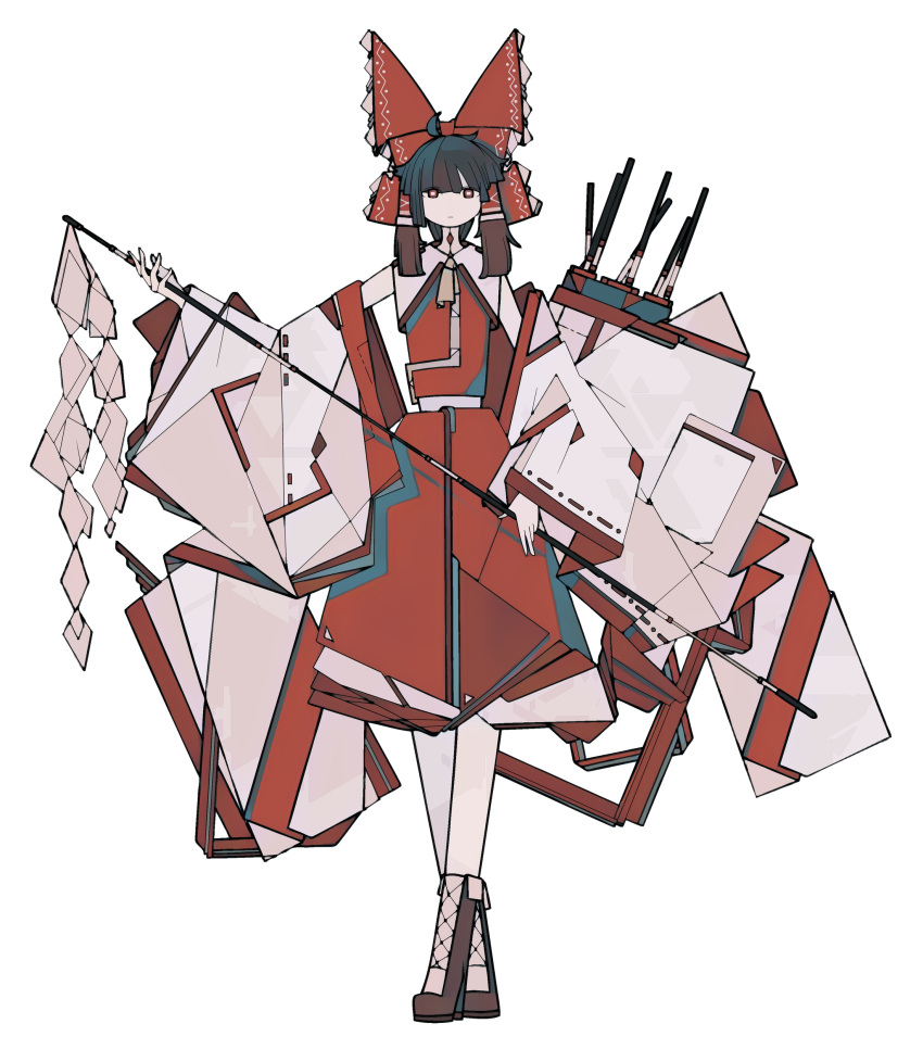 1girl absurdres adapted_costume ahoge ascot black_hair boots bow brown_footwear closed_mouth commentary_request crossed_ankles detached_sleeves full_body gohei hair_bow hair_tubes hakurei_reimu harano_kaguyama highres holding holding_gohei long_hair long_sleeves looking_at_viewer red_bow red_eyes red_skirt red_vest sidelocks simple_background skirt skirt_set solo standing straight-on touhou vest white_background white_sleeves wide_sleeves