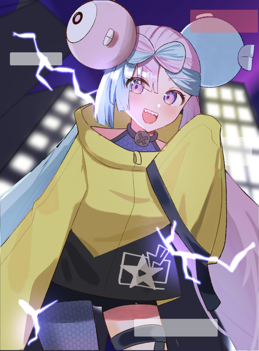 1girl :d bike_shorts blush commentary_request cowboy_shot electricity eyelashes grey_pantyhose grey_shirt hand_up highres iono_(pokemon) jacket long_hair looking_at_viewer mi_(hege2223) multicolored_hair open_mouth pantyhose pokemon pokemon_(game) pokemon_sv purple_hair shirt single_leg_pantyhose sleeveless sleeveless_shirt sleeves_past_fingers sleeves_past_wrists smile solo star_(symbol) star_print teeth thigh_strap twintails two-tone_hair upper_teeth_only yellow_jacket