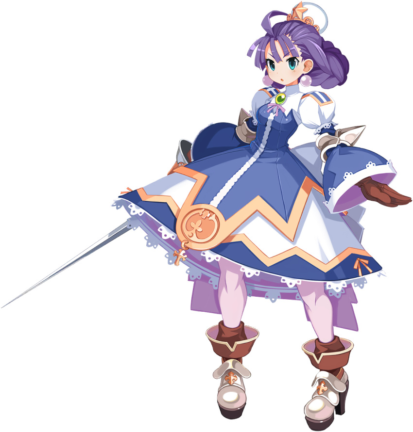 1girl :o ahoge aqua_eyes armored_boots back_bow boots bow brooch brown_gloves disgaea disgaea_rpg dress earrings eclair_(la_pucelle) full_body gloves hat high_heels highres jewelry long_hair long_sleeves non-web_source official_art photoshop_(medium) pink_thighhighs puffy_long_sleeves puffy_sleeves purple_hair solo standing sword thigh-highs transparent_background updo weapon wide_sleeves