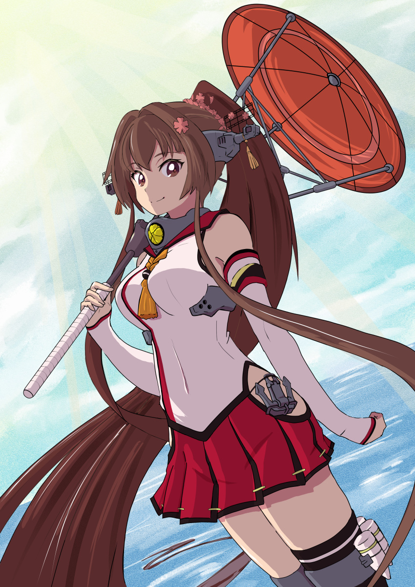 1girl absurdres anchor_ornament blue_sky brown_eyes brown_hair cherry_blossoms clouds detached_sleeves dutch_angle flower grey_thighhighs hair_flower hair_ornament headgear highres horizon kantai_collection long_hair looking_at_viewer ocean oil-paper_umbrella pleated_skirt ponytail red_skirt red_umbrella sakuramon sanche_(3che3) sidelocks skirt sky smile solo thigh-highs turret umbrella very_long_hair yamato_(kancolle)