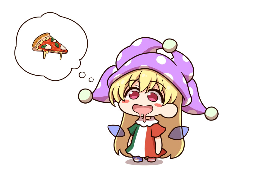 1girl blonde_hair blush_stickers chibi clownpiece commentary detached_wings drooling fairy_wings food hat highres italian_flag_print jester_cap long_hair neck_ruff open_mouth pizza pizza_slice polka_dot_headwear red_eyes shitacemayo smile solo thought_bubble touhou wings
