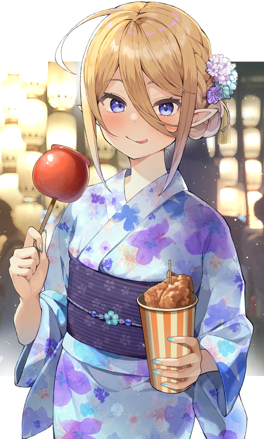 1girl absurdres blonde_hair blue_nails blurry blurry_background braid candy_apple closed_mouth cup disposable_cup floral_print food hair_between_eyes hair_ornament highres holding holding_food japanese_clothes kanzashi kimono kusumoto_touka licking_lips looking_at_viewer nail_polish obi obidome obijime original pointy_ears print_kimono sash short_hair_with_long_locks sidelocks solo tongue tongue_out violet_eyes