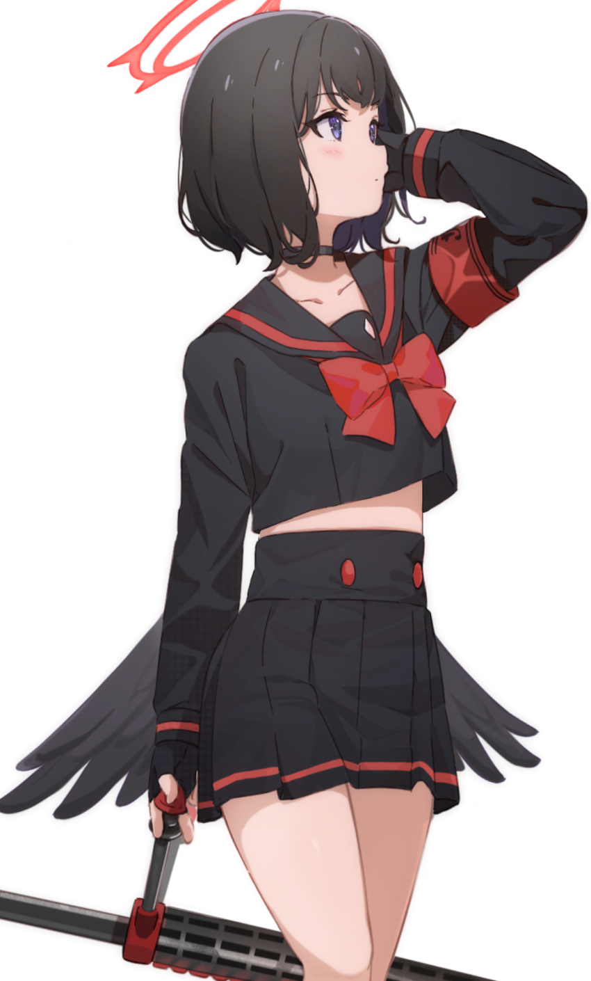 1girl arm_behind_head arm_up armband black_choker black_gloves black_hair black_sailor_collar black_serafuku black_shirt black_skirt blue_archive blush bow choker closed_mouth collarbone commentary_request feet_out_of_frame fingerless_gloves gloves halo highres holding icehotmilktea long_sleeves looking_away midriff_peek pleated_skirt red_bow sailor_collar school_uniform serafuku shirt simple_background skirt solo standing violet_eyes white_background