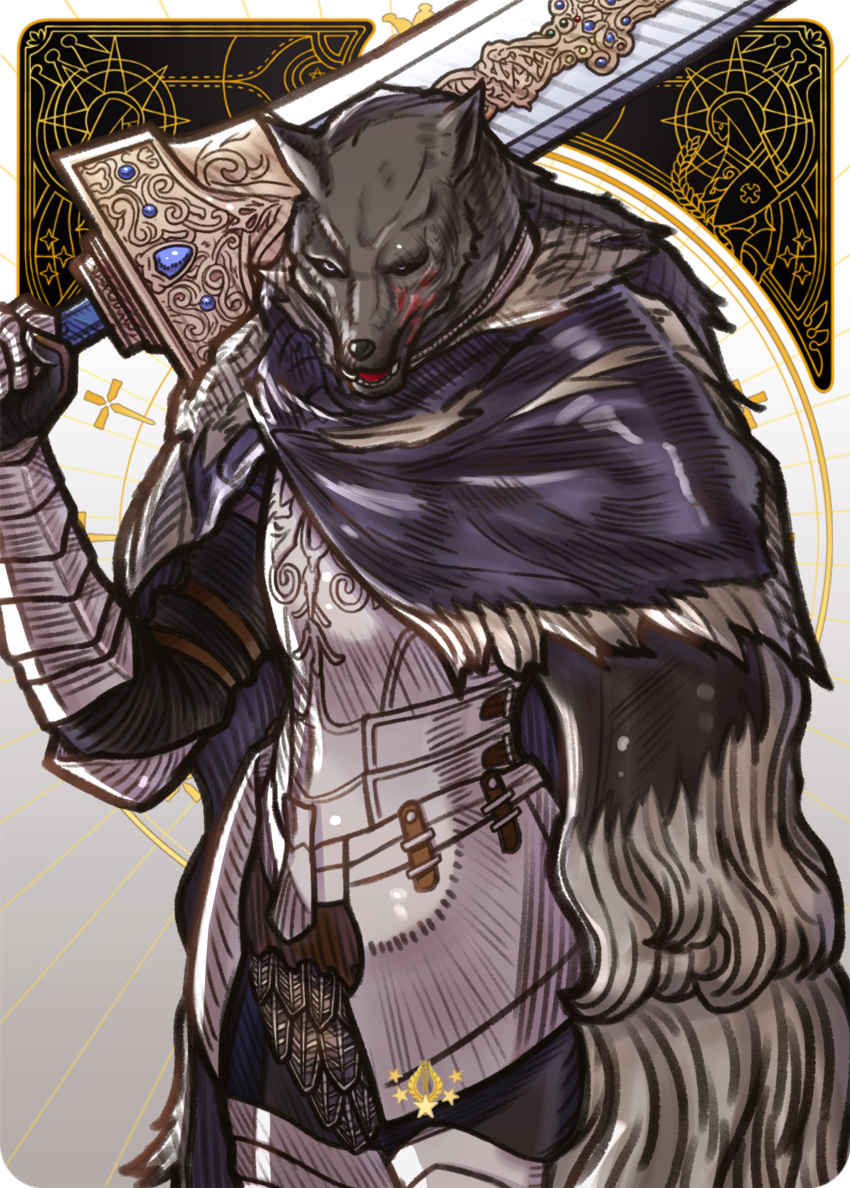 1boy absurdres armor blaidd_the_half-wolf cape elden_ring eshi_(eshi_lv3) furry greatsword highres holding holding_sword holding_weapon male_focus plate_armor scar solo sword weapon