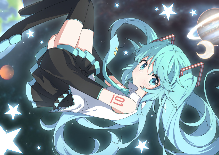 1girl absurdres bare_shoulders black_footwear black_skirt black_sleeves blue_eyes blue_hair blue_necktie boots closed_mouth collared_shirt commentary_request crescent_moon detached_sleeves earth_(planet) from_side hair_between_eyes hatsune_miku highres lizi long_sleeves looking_at_viewer looking_to_the_side moon necktie planet planetary_ring pleated_skirt shirt shoe_soles skirt sleeveless sleeveless_shirt solo space star_(symbol) star_in_eye symbol_in_eye thigh_boots tie_clip vocaloid white_shirt wide_sleeves
