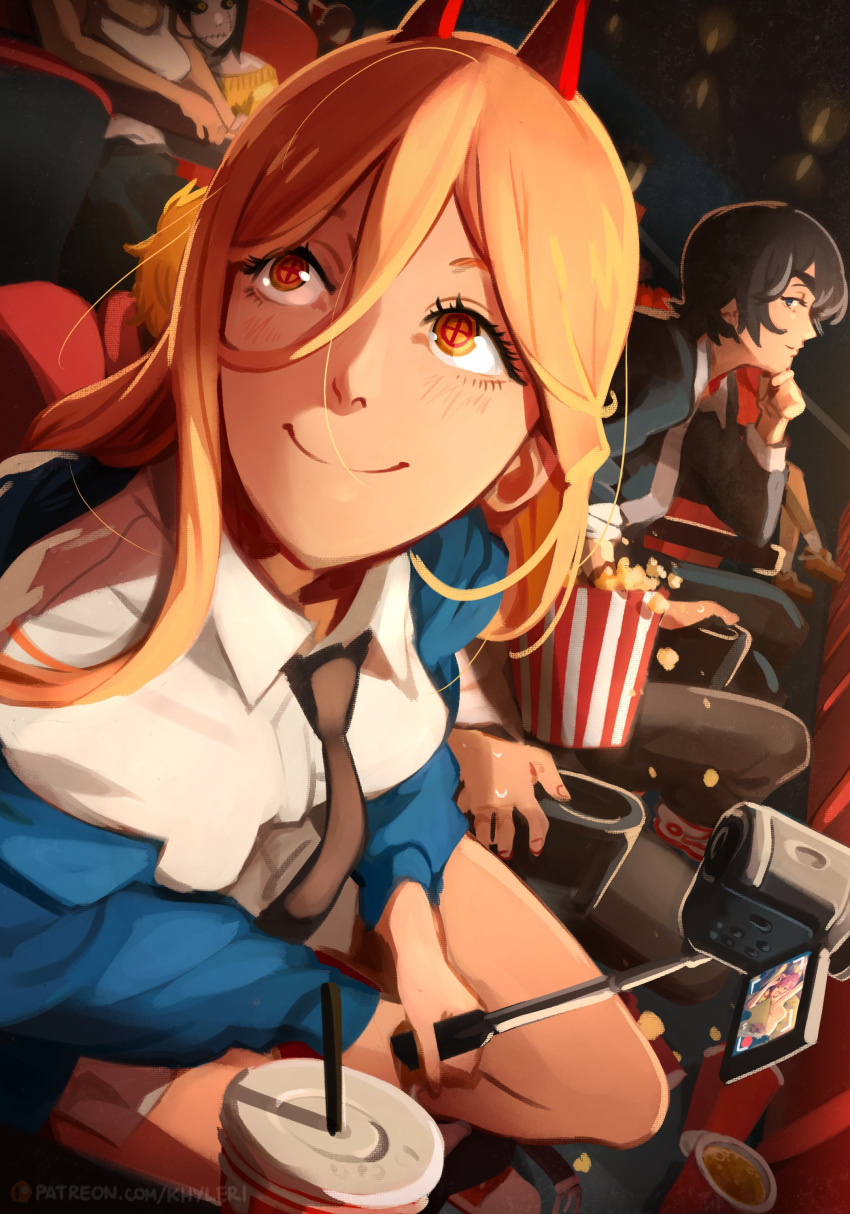 2girls absurdres black_hair black_necktie blonde_hair blue_jacket camera chainsaw_man closed_mouth cross-shaped_pupils drinking_straw food hair_between_eyes highres himeno_(chainsaw_man) horns jacket khyle. long_hair looking_at_viewer looking_up makima_(chainsaw_man) movie_theater multiple_girls necktie popcorn power_(chainsaw_man) quanxi_(chainsaw_man) red_horns selfie_stick shirt short_hair sideways_glance sitting smile solo_focus symbol-shaped_pupils tank_top tsugihagi_(chainsaw_man) white_shirt white_tank_top