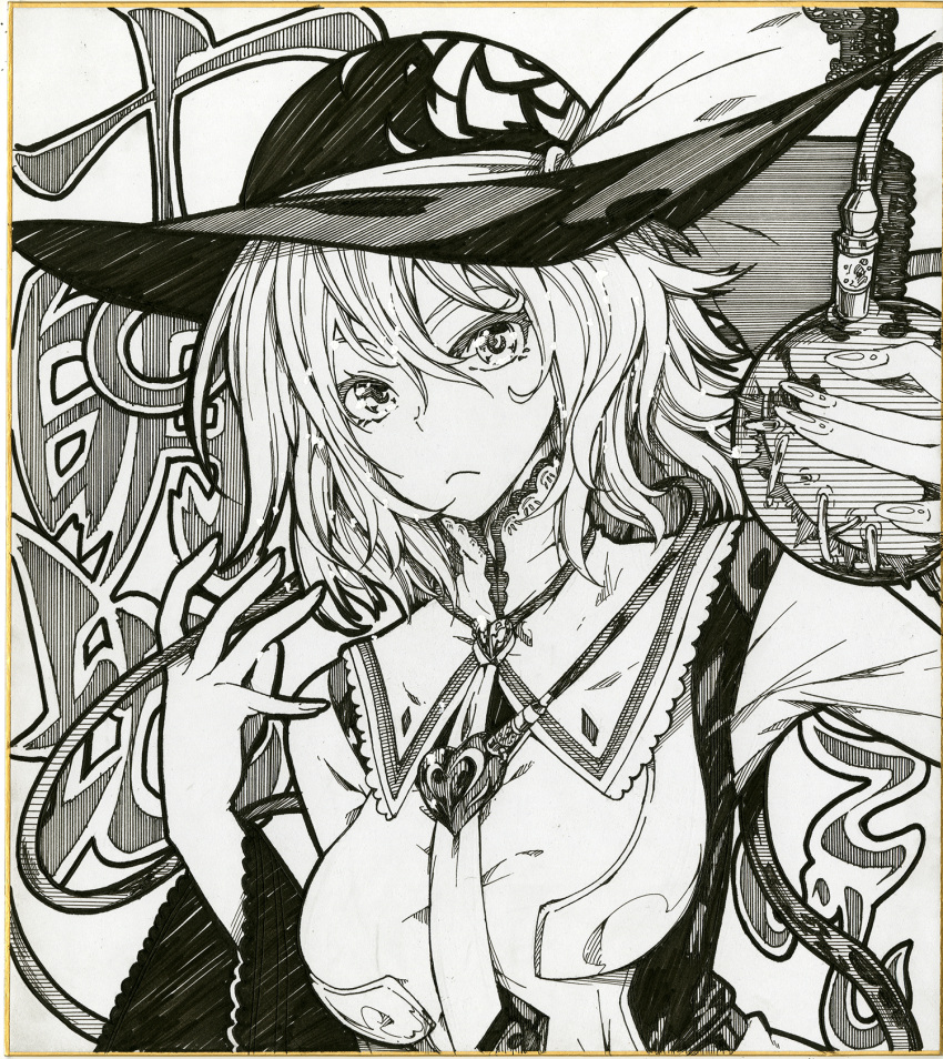 1girl breasts character_name closed_mouth collar commentary_request floral_print greyscale hair_between_eyes hat heart highres ishida_kazuma komeiji_koishi large_breasts looking_at_viewer monochrome rose_print shikishi solo third_eye touhou traditional_media upper_body