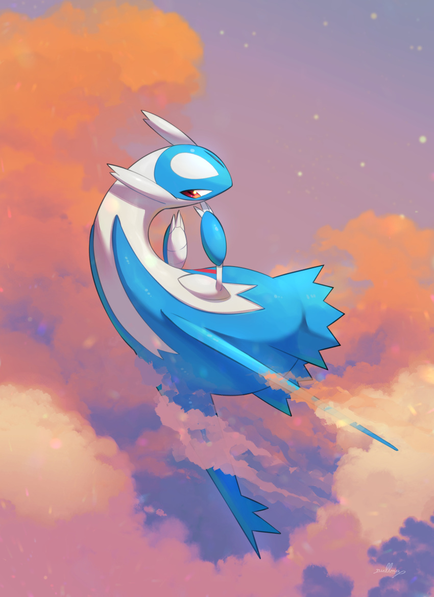 above_clouds absurdres arched_back claws clouds commentary_request full_body hands_up highres latios looking_back no_humans nullma outdoors pokemon pokemon_(creature) solo twilight