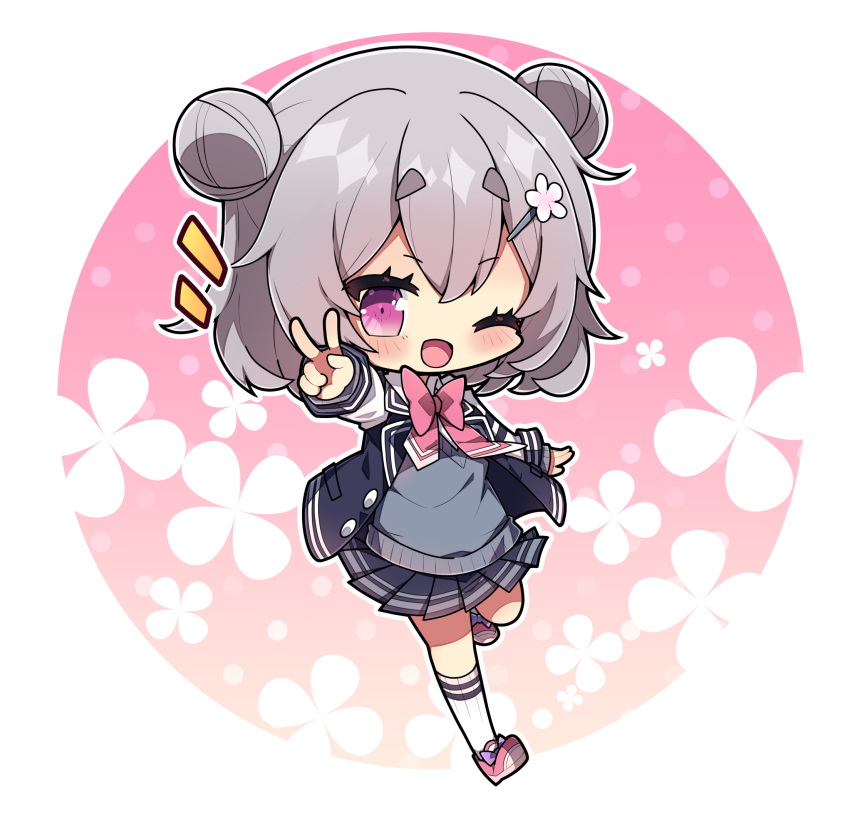 1girl ;d black_jacket black_skirt bow chibi collared_shirt commentary_request double_bun floral_background flower full_body grey_hair hair_between_eyes hair_bun hair_flower hair_ornament hairclip highres jacket koharu_rikka letterman_jacket long_sleeves looking_at_viewer milkpanda notice_lines one_eye_closed open_clothes open_jacket outstretched_arm pink_background pink_bow pink_footwear pleated_skirt ribbed_legwear round_image school_uniform shirt shoes short_eyebrows skirt smile socks solo sweater_vest synthesizer_v thick_eyebrows two-tone_background v violet_eyes white_background white_flower white_shirt white_socks