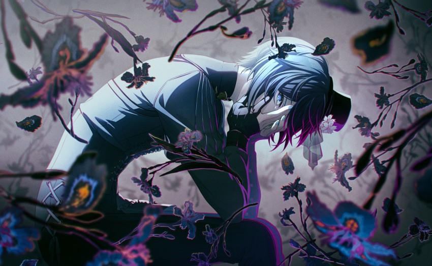 1boy 25-ji_kaito backlighting belt bent_over black_belt black_corset black_flower black_gloves black_headwear black_pants black_theme blue_eyes blue_flower blue_hair blue_nails blurry branch bud buttons center_frills chest_belt colorful_palette commentary corset covering_mouth covering_one_eye cross-laced_clothes dark_blue_hair depth_of_field elbow_on_knee elbow_rest english_commentary eyelashes feet_out_of_frame fingernails flower flower_request frills from_side gloves grey_background grey_shirt hands_on_own_face hands_up hat hat_flower high_collar highres juliet_sleeves kaito_(vocaloid) long_sleeves looking_at_viewer male_focus mini_hat mini_top_hat multicolored_flower official_art orange_flower pants partially_fingerless_gloves project_sekai psychedelic puffy_sleeves purple_flower shirt simple_background third-party_source top_hat vocaloid white_flower