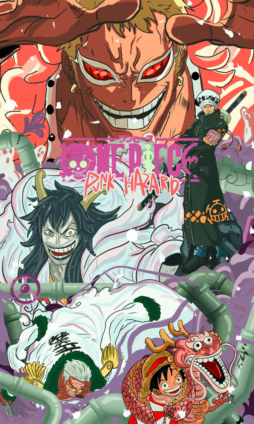 6+boys absurdres blonde_hair caesar_clown cover donquixote_doflamingo dragon earrings fake_cover firescorpio hat highres horns jewelry long_hair male_focus momonosuke_(one_piece) monkey_d._luffy multiple_boys one_piece short_hair smoker_(one_piece) straw_hat sunglasses trafalgar_law white_hair