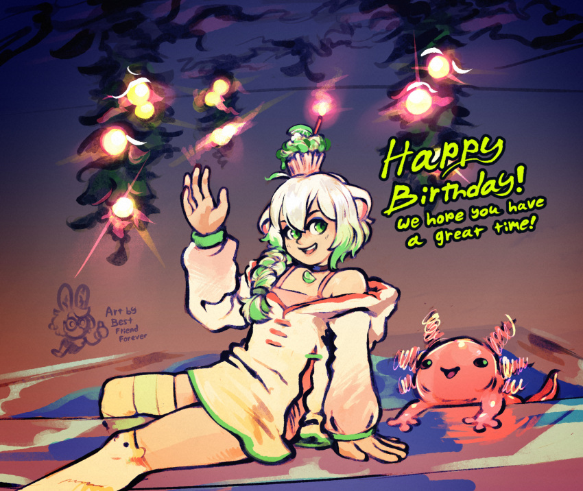 1girl animal_ear_legwear animal_ears asymmetrical_legwear axolotl bestfriendforever braid choker commentary cupcake english_commentary ferret_ears ferret_girl food food-themed_necklace fruit green_eyes green_hair happy_birthday highres hood hoodie indie_virtual_youtuber laimu_(vtuber) lights lime_(fruit) lime_slice long_sleeves mismatched_legwear multicolored_hair pool signature skirt smile striped striped_thighhighs thigh-highs vinesauce virtual_youtuber white_hair