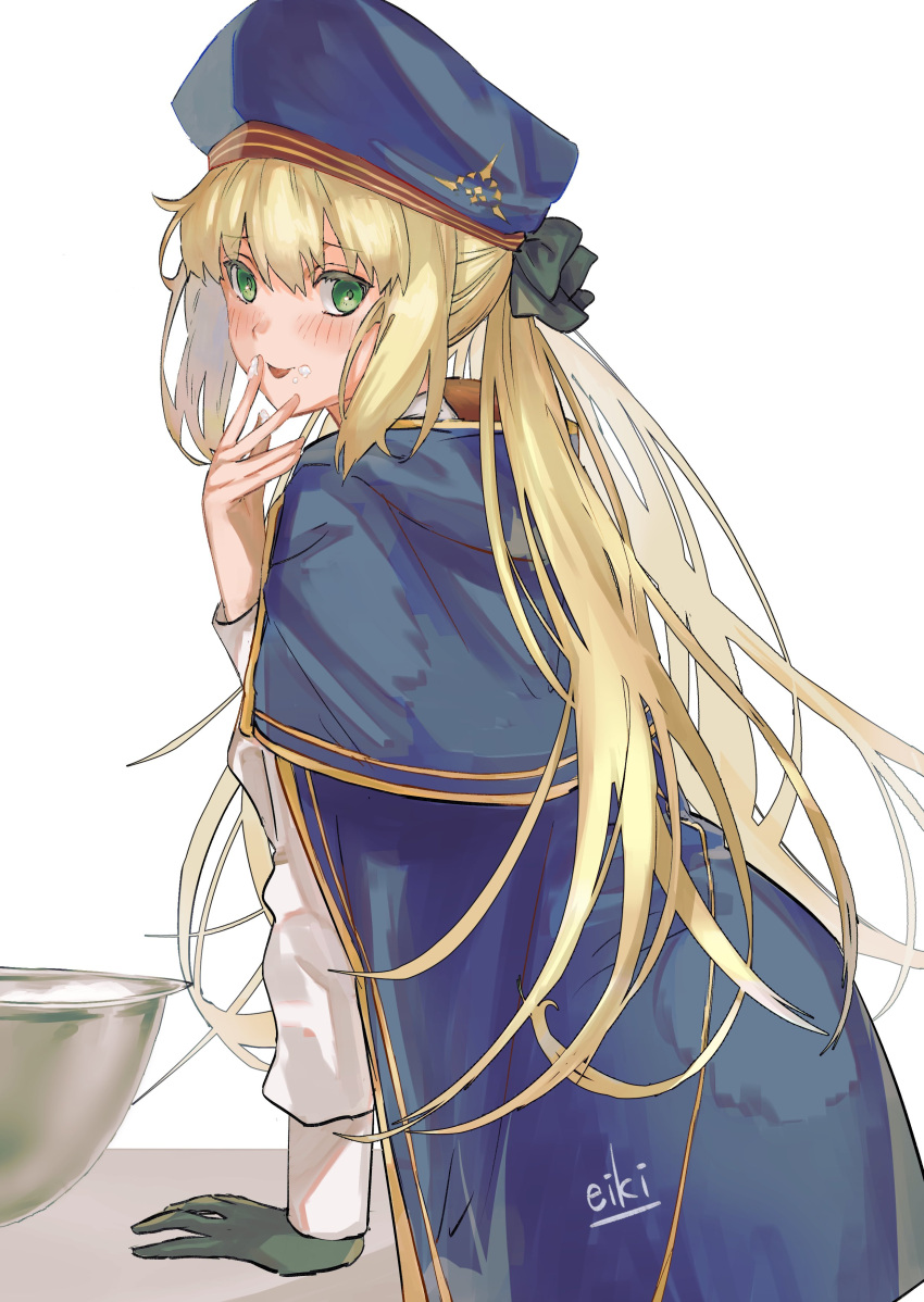 1girl absurdres artoria_caster_(fate) artoria_caster_(second_ascension)_(fate) artoria_pendragon_(fate) black_bow black_gloves blonde_hair blue_cape blue_headwear blush bow cape commentary_request dress eiki_(eikityou_55) fate/grand_order fate_(series) food food_on_face gloves green_eyes hair_between_eyes hair_bow hat highres long_hair long_sleeves looking_at_viewer signature solo tongue tongue_out twintails white_background white_dress