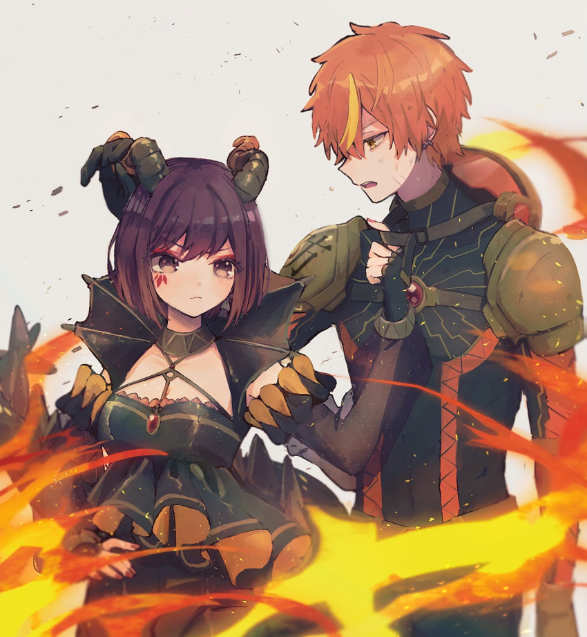 1boy 1girl blonde_hair bob_cut brown_eyes brown_hair closed_mouth commentary earrings ebi_(yzpiyo039) facepaint fingerless_gloves fire frills gloves highres horns jewelry long_sleeves multicolored_hair open_mouth orange_eyes orange_hair project_sekai red_nails salamander_(vocaloid) see-through see-through_sleeves shinonome_akito shinonome_ena short_hair streaked_hair teeth upper_teeth_only