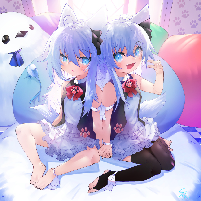2girls absurdres ahoge animal_ears arm_up barefoot black_shirt black_thighhighs blue_eyes blue_hair dog_ears dog_girl dog_tail dress fang feet highres holding_hands long_hair looking_at_viewer multiple_girls open_mouth original pillow ribbon shirt side-by-side sitting smile stuffed_toy tail thigh-highs toba_hiyoko toeless_legwear toes v white_dress