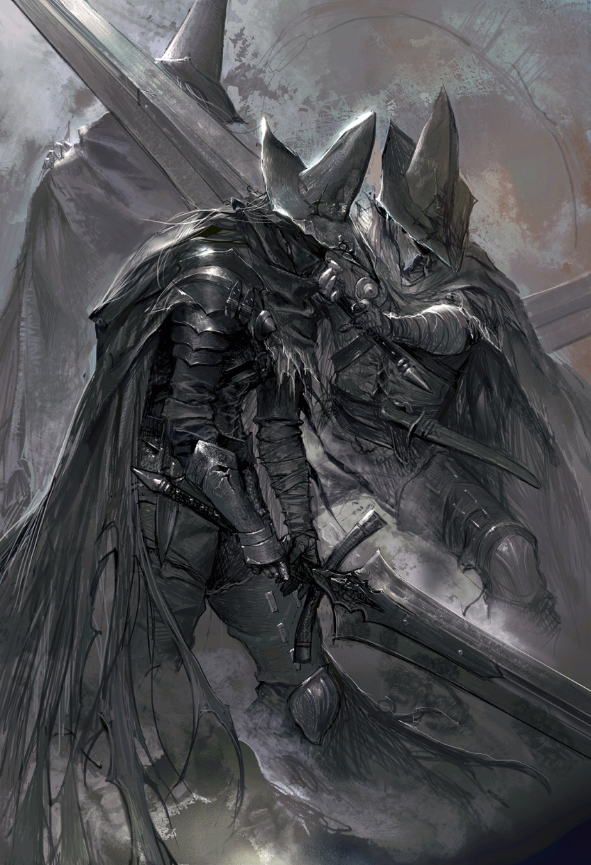 abyss_watcher armor boots cape dark_souls_(series) dark_souls_iii full_armor gauntlets helmet highres holding holding_sword holding_weapon junjiuk pants shoulder_armor standing sword weapon white_hair