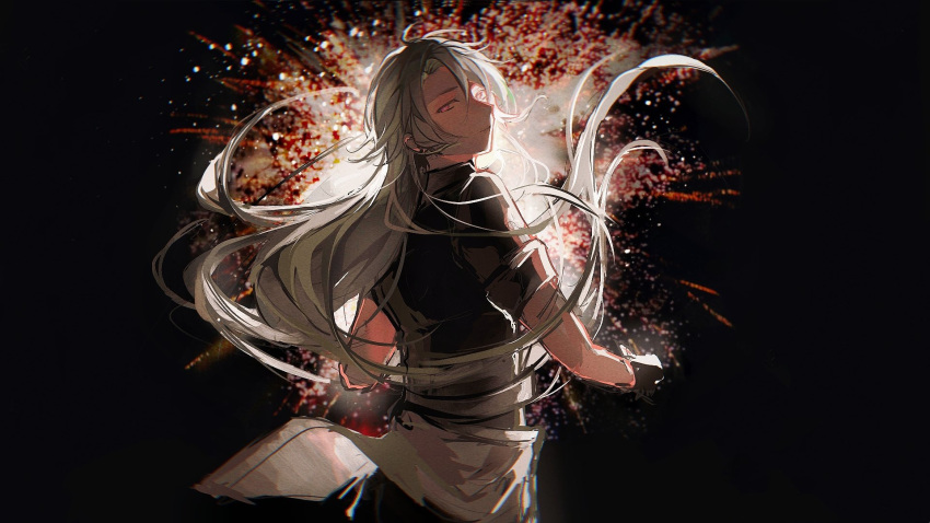 1boy aerial_fireworks backlighting black_background black_gloves black_pants black_shirt dou_g_(douglasiai413) earrings fireworks from_behind gloves green_hair grey_hair hair_between_eyes highres honkai_(series) honkai_impact_3rd jewelry light_smile long_hair looking_at_viewer looking_back male_focus multicolored_hair pants pink_eyes sash shirt short_sleeves solo streaked_hair su_(honkai_impact) upper_body white_sash