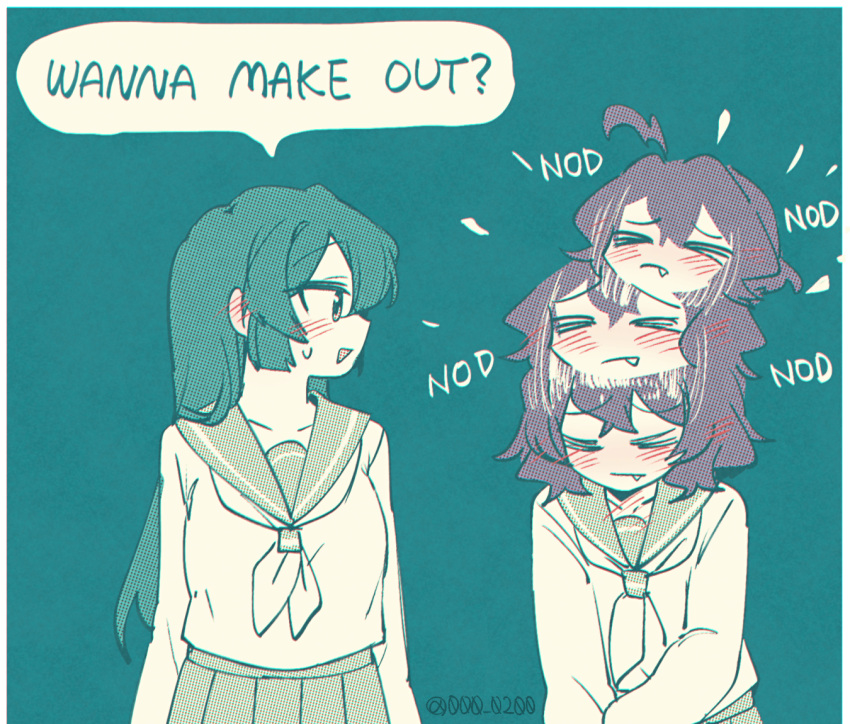 2girls afterimage ahoge an_sin blush brown_hair closed_eyes commentary english_text fang green_hair hiiragi_utena hiiragi_utena's_school_uniform long_hair looking_at_another mahou_shoujo_ni_akogarete medium_hair meme minakami_sayo multiple_girls neckerchief nodding pleated_skirt sail school_uniform serafuku simple_background skirt speech_bubble twitter_username upper_body wanna_make_out?_(meme) yuri