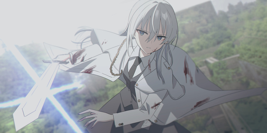 1girl black_necktie black_skirt black_vest blood blood_on_clothes blue_eyes blurry blurry_background chihuri collared_shirt depth_of_field ende_(chihuri) glint grey_hair grey_jacket hair_between_eyes highres holding holding_sword holding_weapon jacket long_hair long_sleeves looking_at_viewer necktie open_clothes open_jacket original outdoors parted_lips shirt skirt solo sword vest weapon white_shirt