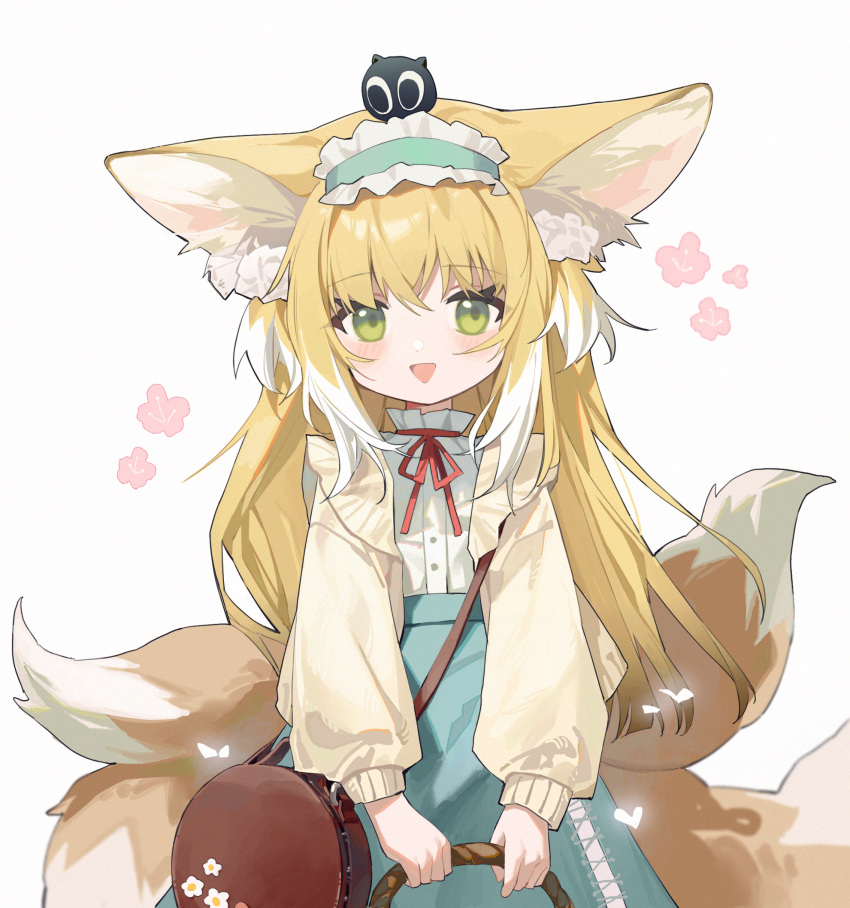 1girl animal_ear_fluff animal_ears arknights bag basket black_cat blonde_hair blue_hairband blue_skirt blush brown_bag cardigan cat commentary cowboy_shot creature_on_head flower fox_ears fox_tail frilled_hairband frills green_eyes hair_ornament hair_scrunchie hairband handbag heixiu highres holding holding_basket kitsune kyuubi long_hair long_sleeves measho multicolored_hair multiple_tails neck_ribbon official_alternate_costume on_head open_cardigan open_clothes open_mouth pink_flower puffy_long_sleeves puffy_sleeves red_ribbon ribbon scrunchie shirt shoulder_bag sidelocks skirt sleeve_cuffs solo stitches suzuran_(arknights) suzuran_(spring_praise)_(arknights) tail triangle_mouth two-tone_hair white_background white_hair white_shirt yellow_cardigan