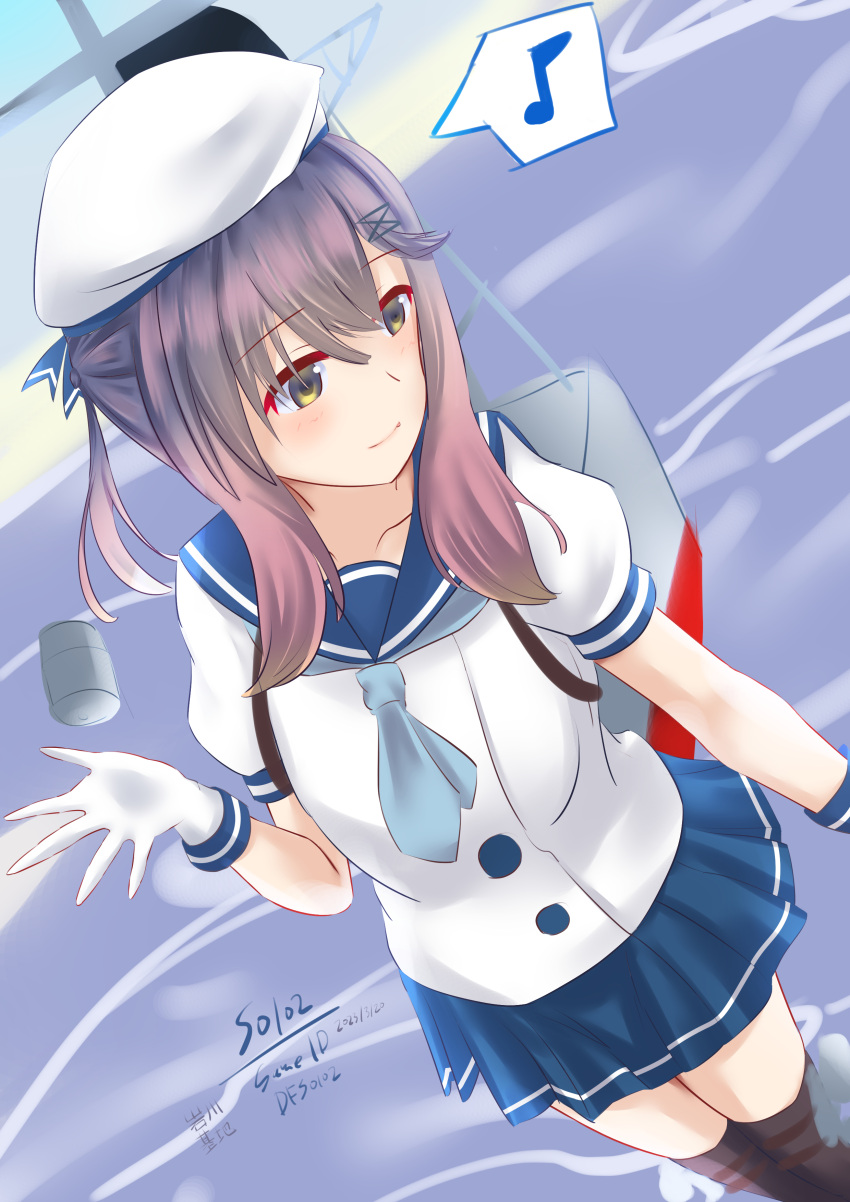01021235 1girl absurdres black_thighhighs blue_neckerchief blue_sailor_collar blue_skirt depth_charge eighth_note feet_out_of_frame from_above gloves gradient_hair hat highres kantai_collection looking_to_the_side machinery multicolored_hair musical_note neckerchief pleated_skirt puffy_short_sleeves puffy_sleeves purple_hair sailor_collar sailor_hat school_uniform serafuku short_hair short_hair_with_long_locks short_sleeves sidelocks skirt solo spoken_musical_note thigh-highs tsushima_(kancolle) violet_eyes white_gloves white_headwear