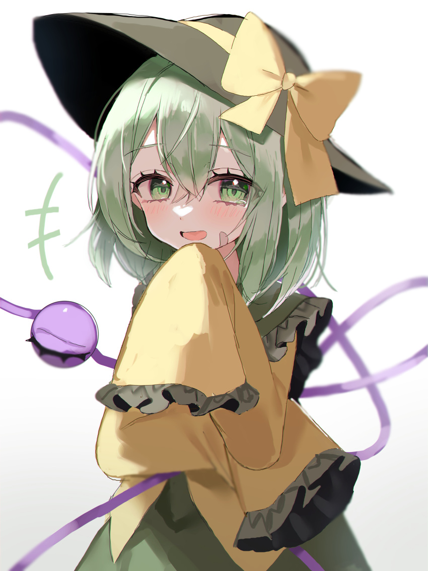 1girl absurdres black_headwear bow commentary_request gradient_background green_eyes green_hair hat hat_bow highres komeiji_koishi laughing long_sleeves looking_at_viewer short_hair simple_background sleeves_past_fingers sleeves_past_wrists solo third_eye touhou white_background yellow_bow yumeno_ruruka