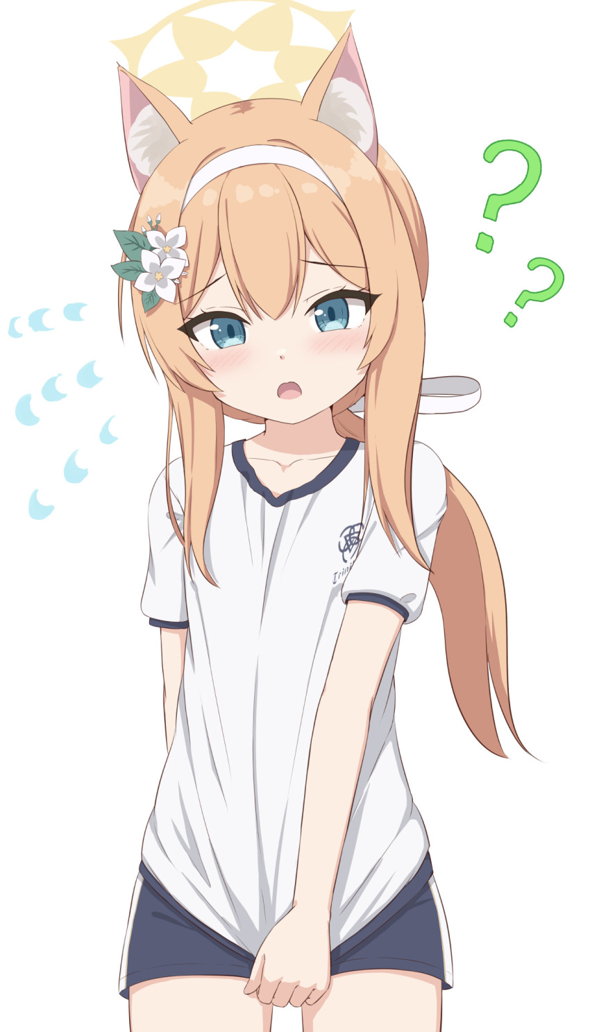 1girl ? animal_ear_fluff animal_ears blue_archive blue_eyes blue_shorts blush brown_hair collarbone commentary_request covering covering_crotch flower flying_sweatdrops gym_shirt gym_shorts gym_uniform hair_between_eyes hair_flower hair_ornament halo highres long_hair looking_at_viewer low_ponytail mari_(blue_archive) mari_(gym_uniform)_(blue_archive) open_mouth ponytail shirt shirt_tug short_shorts short_sleeves shorts simple_background solo takasuma_hiro white_background white_flower white_shirt