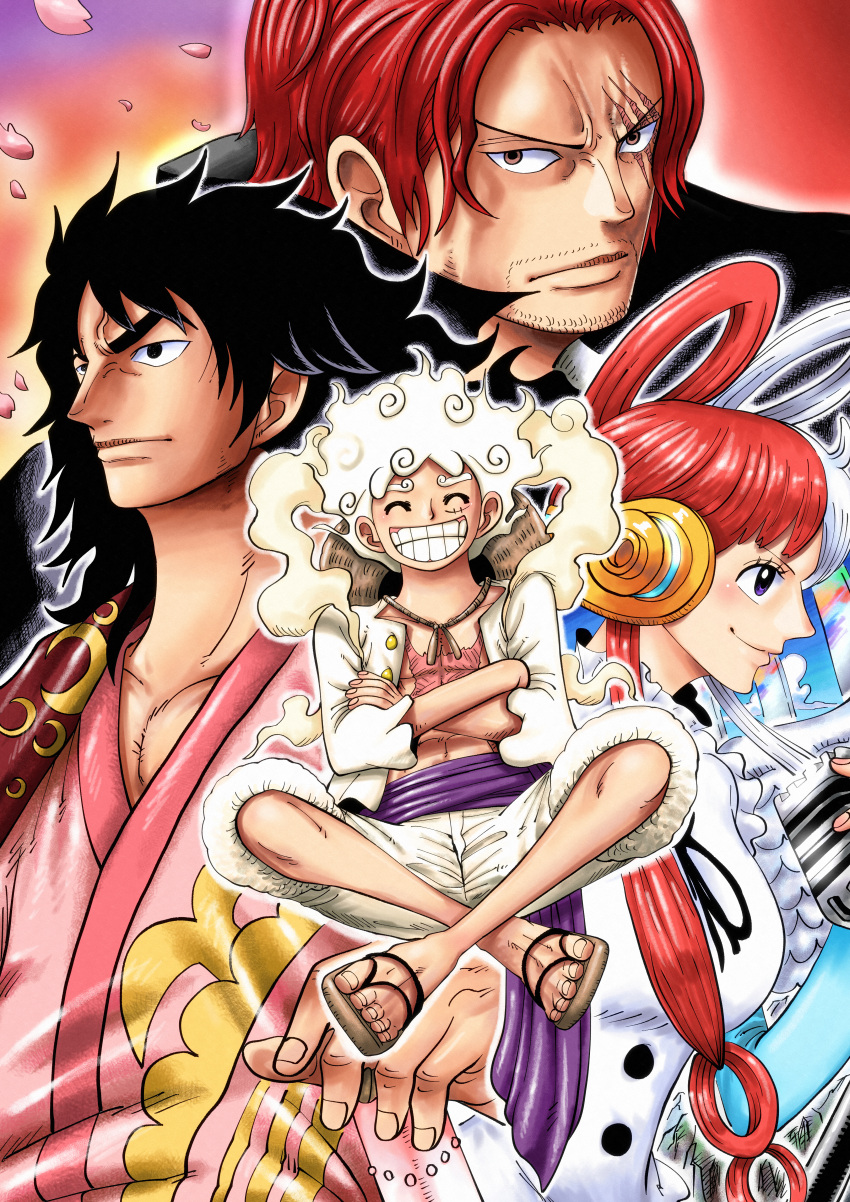 1girl 3boys absurdres black_hair closed_eyes closed_mouth highres long_hair momonosuke_(one_piece) monkey_d._luffy multicolored_hair multiple_boys one_piece one_piece_film:_red redhead riku_(rikuw223xx) shanks_(one_piece) short_hair smile twintails two-tone_hair uta_(one_piece)