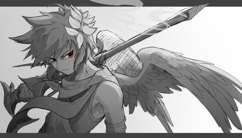 1boy absurdres angel angel_wings armlet commentary dark_pit feathered_wings greyscale highres holding kid_icarus kid_icarus_uprising laurel_crown looking_at_viewer male_focus monochrome red_eyes scarvii smoke solo spot_color symbol-only_commentary upper_body wings