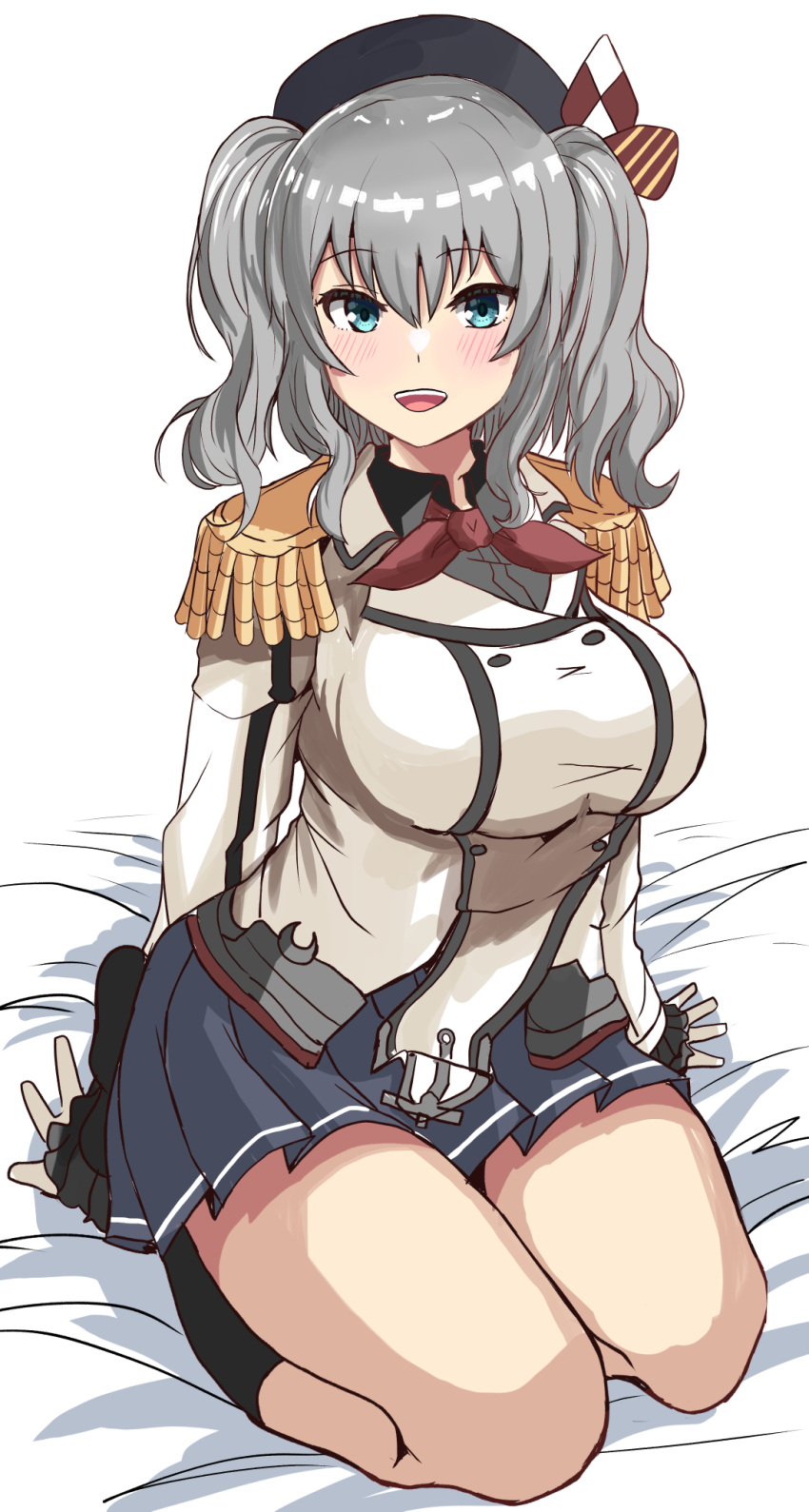 1girl beret blanket blue_eyes blush breasts buttons epaulettes frilled_sleeves frills gloves grey_hair grey_skirt hat highres jacket kantai_collection kashima_(kancolle) large_breasts long_hair long_sleeves looking_at_viewer military military_jacket military_uniform neckerchief open_mouth pleated_skirt red_neckerchief sitting skirt smile solo suberaku twintails uniform wavy_hair white_gloves white_jacket
