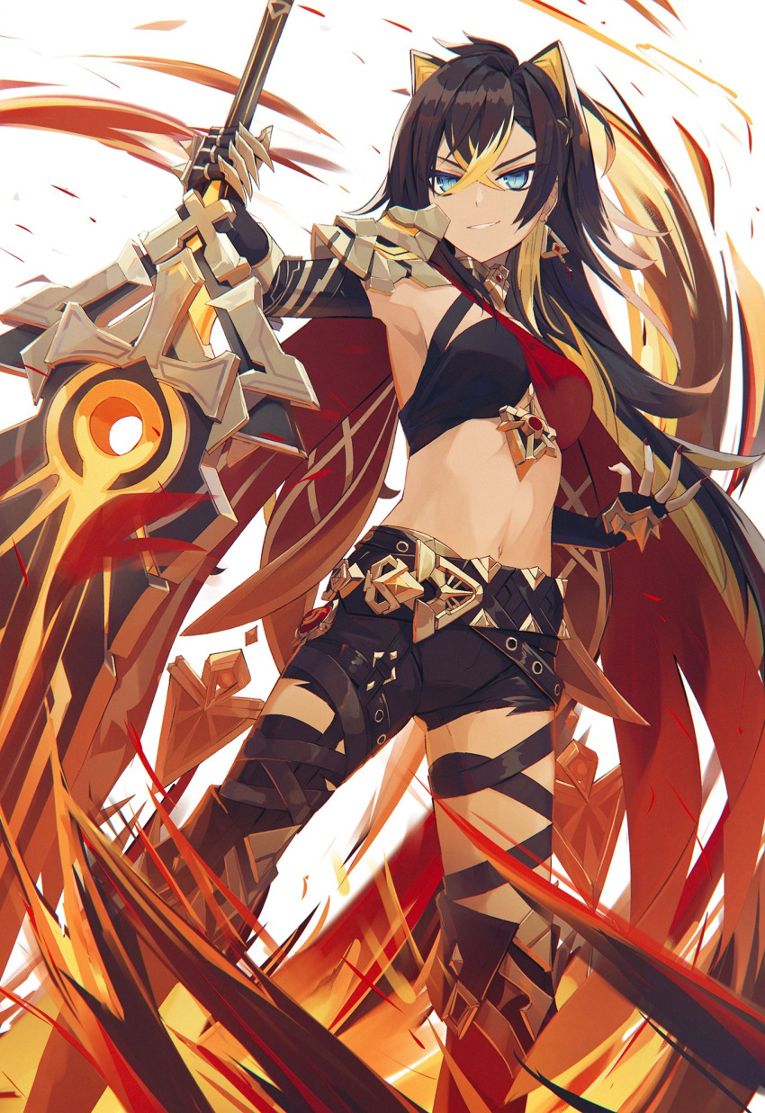 1girl arm_armor armlet armor armpits asymmetrical_clothes beacon_of_the_reed_sea_(genshin_impact) belt black_gloves black_hair blonde_hair blue_eyes clawed_gauntlets colored_inner_hair criss-cross_halter crossed_bangs dangle_earrings dark-skinned_female dark_skin dehya_(genshin_impact) earrings elbow_gloves feet_out_of_frame fingerless_gloves fire genshin_impact gloves gold_choker hair_ears hair_ornament halterneck highres holding holding_sword holding_weapon huge_weapon jewelry long_hair looking_at_viewer midriff multicolored_hair multiple_thigh_straps nagishiro_mito navel pants pointy_hair shin_guards shoulder_armor simple_background single_pantsleg smile smirk solo streaked_hair sword torn_clothes torn_pants vision_(genshin_impact) weapon white_background