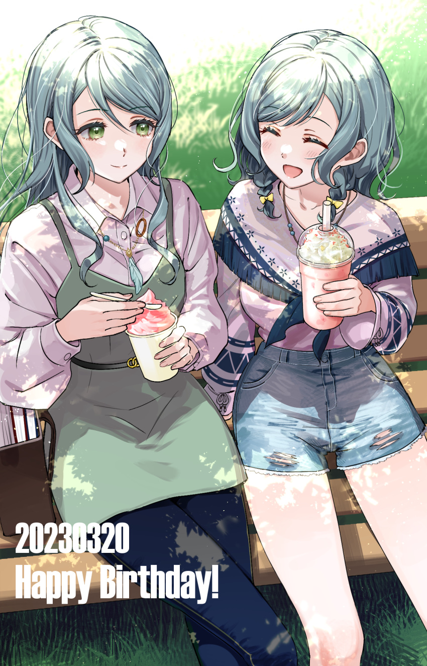 2girls :d ^_^ bag bang_dream! bench blue_pants book bow braid buttons closed_eyes collarbone cup dated denim denim_shorts dress english_text fingernails frozen_yogurt green_dress green_eyes green_hair hair_bow handbag happy_birthday highres hikawa_hina hikawa_sayo holding holding_cup holding_spoon jewelry long_hair long_sleeves medium_hair multiple_girls multiple_hair_bows necklace open_mouth outdoors pants shorts siblings sitting smile spoon sprinkles sunlight sweater_under_dress swept_bangs thighs torn_clothes torn_shorts twin_braids twins wide_sleeves yellow_bow zihacheol