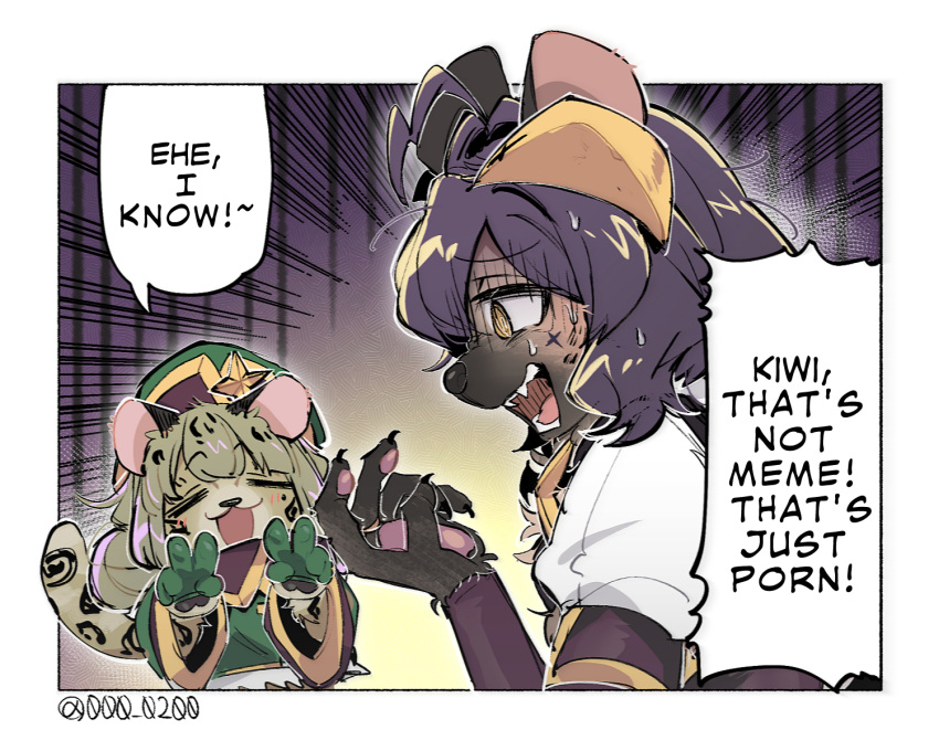2girls an_sin araga_kiwi blush claws closed_eyes commentary english_text fangs furrification furry furry_female gloves green_gloves green_shirt highres hiiragi_utena horns leoparde_(mahou_shoujo_ni_akogarete) magia_baiser mahou_shoujo_ni_akogarete medium_hair multiple_girls open_mouth purple_hair shirt smile speech_bubble sweat twitter_username white_shirt yellow_eyes