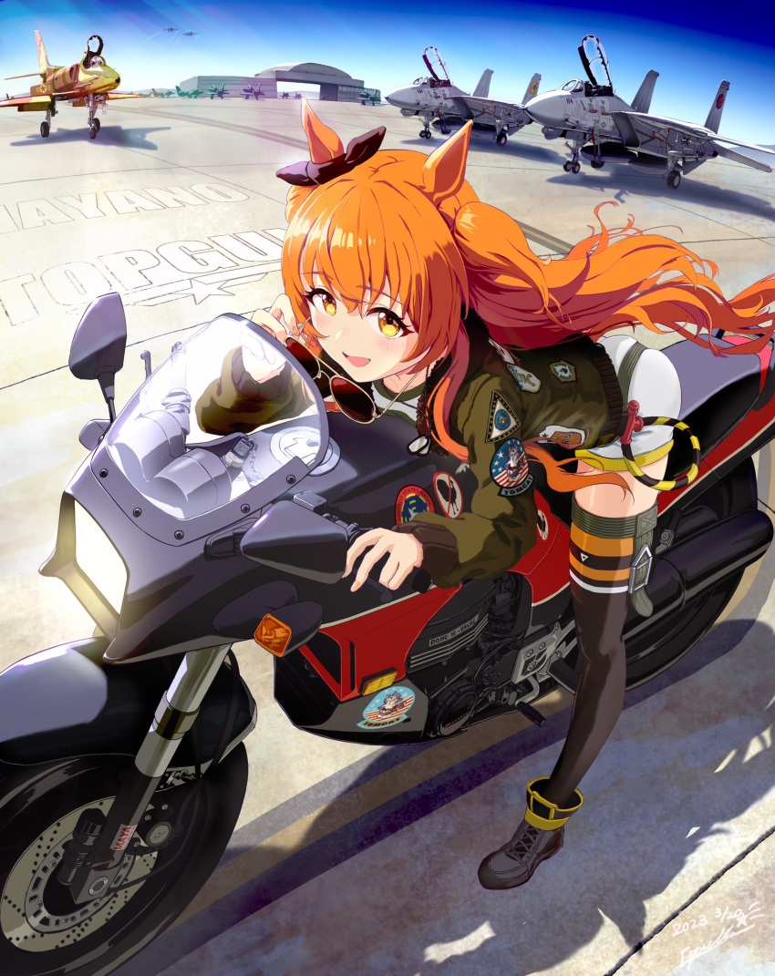 1girl aircraft airplane american_flag artist_name aviator_sunglasses black_footwear bomber_jacket dated english_text estrella_(uypu4574) f-14_tomcat fighter_jet green_jacket hangar highres jacket jet leaning_forward long_sleeves mayano_top_gun_(umamusume) military military_vehicle motor_vehicle motorcycle orange_eyes orange_hair patch shadow shorts solo sunglasses top_gun top_gun:_maverick twintails two_side_up umamusume white_shorts