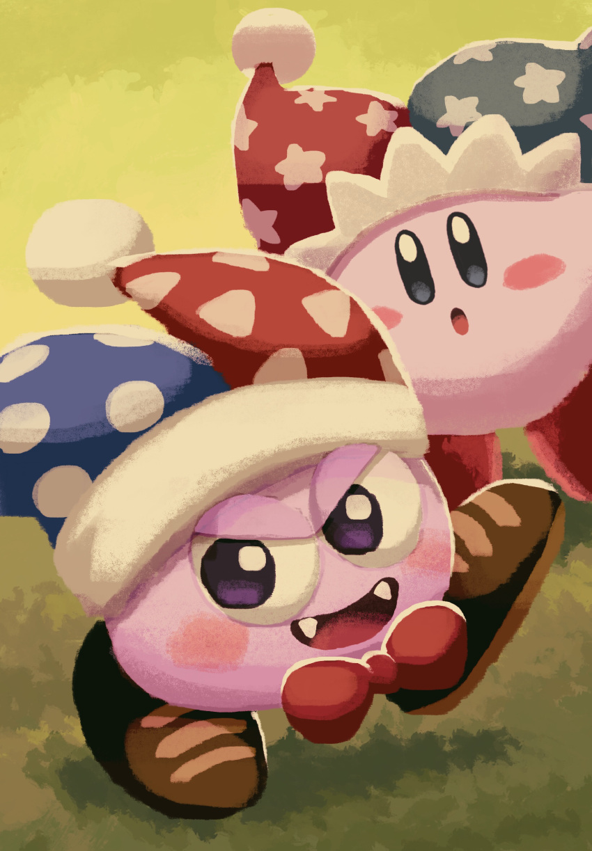 1boy 1other aruco_co blush_stickers bow bowtie brown_footwear colored_skin copy_ability cosplay fangs hat highres jester_cap kirby kirby_(series) kirby_super_star marx_(kirby) marx_(kirby)_(cosplay) mirror_kirby no_humans open_mouth pom_pom_(clothes) purple_skin smile solid_oval_eyes violet_eyes