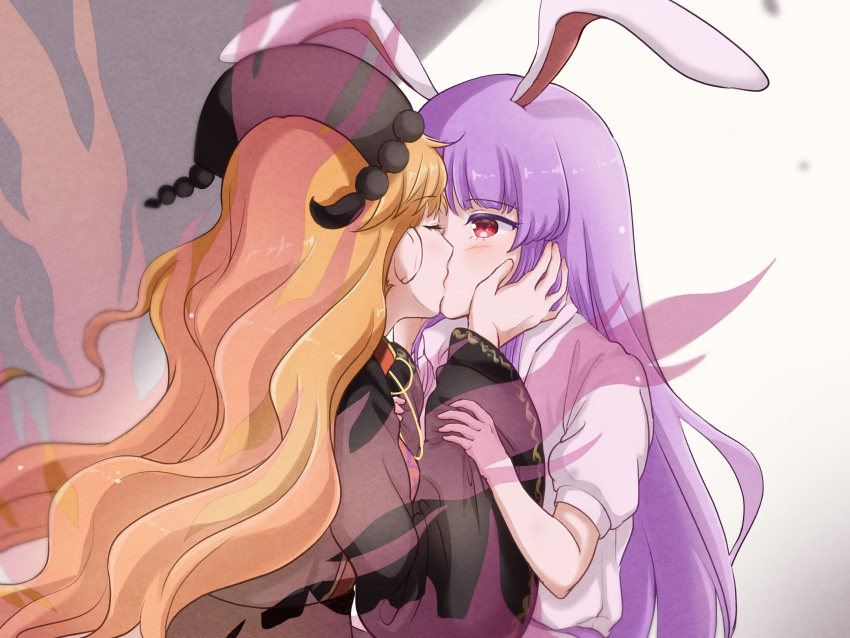 2girls animal_ears belt black_belt black_dress black_headwear blush bow bowtie breasts chinese_clothes closed_eyes collared_shirt commission dress energy gradient_background grey_background hair_between_eyes hands_on_another's_face hands_up hat highres junko_(touhou) kiss long_hair long_sleeves looking_at_another mandarin_collar medium_breasts multiple_girls orange_hair phoenix_crown pixiv_commission pom_pom_(clothes) puffy_short_sleeves puffy_sleeves purple_belt purple_hair rabbit_ears red_eyes red_tabard reisen_udongein_inaba shimalice shirt short_sleeves sidelocks standing tabard touhou white_background white_shirt wide_sleeves wing_collar yellow_bow yellow_bowtie yuri