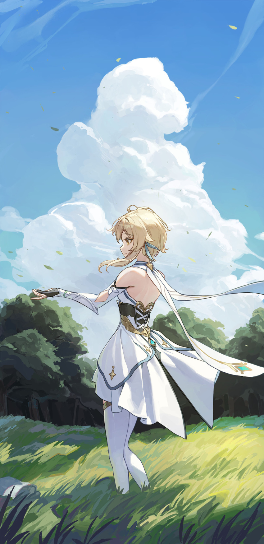 1girl absurdres backless_dress backless_outfit bare_shoulders blonde_hair boots breasts closed_mouth clouds cloudy_sky cotta_(heleif) day detached_sleeves dress elbow_gloves flower from_side genshin_impact gloves gold_trim hair_flower hair_ornament highres lumine_(genshin_impact) on_grass outdoors partially_fingerless_gloves profile scarf short_hair_with_long_locks sky sleeveless sleeveless_dress small_breasts smile solo thigh_boots white_dress white_flower white_footwear white_gloves white_scarf yellow_eyes