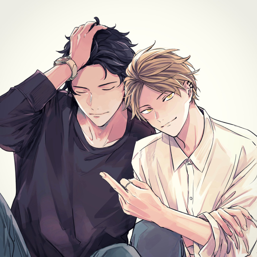 2boys black_hair black_sweater blonde_hair closed_eyes closed_mouth collared_shirt given hand_in_own_hair highres kashima_hiiragi_(given) kizu_natsuki light_smile male_focus middle_finger multiple_boys shirt short_hair simple_background sweater watch watch white_background yagi_shizusumi_(given) yellow_eyes