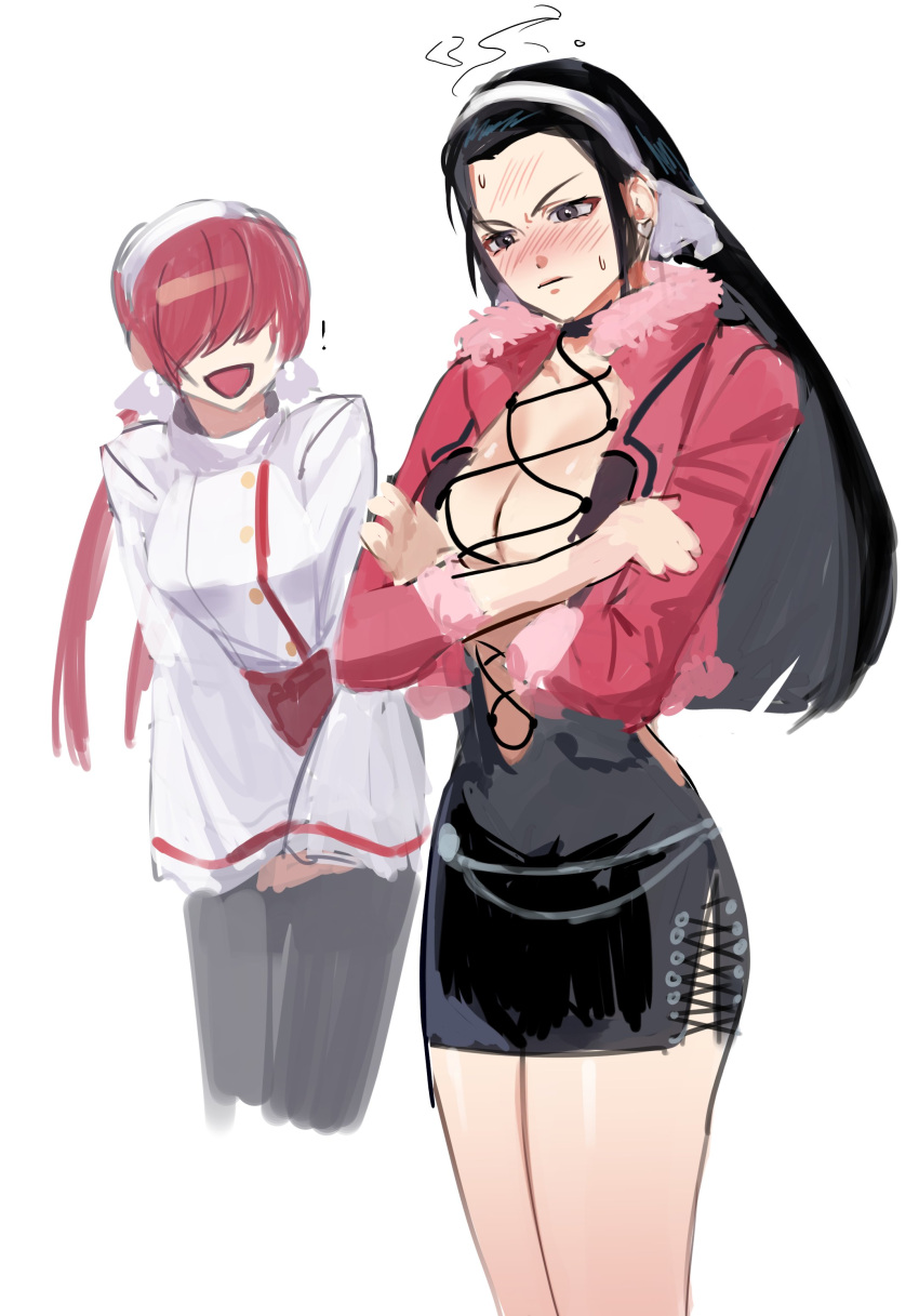 2girls absurdres black_hair blush breasts cosplay costume_switch covered_eyes crossed_arms dan_koflove dress highres kagura_chizuru large_breasts long_hair low_twintails multiple_girls redhead shermie_(kof) short_dress the_king_of_fighters the_king_of_fighters_xv twintails