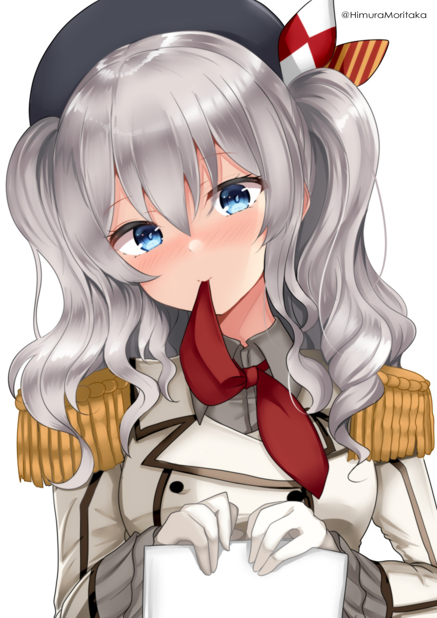 1girl absurdres beret blue_eyes blush breasts buttons epaulettes frilled_sleeves frills gloves grey_hair grey_shirt hat highres himura_moritaka jacket kantai_collection kashima_(kancolle) large_breasts long_hair long_sleeves looking_at_viewer military military_jacket military_uniform neckerchief paper red_neckerchief shirt smile solo twintails twitter_username uniform upper_body wavy_hair white_gloves white_jacket