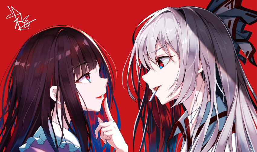 2girls absurdres black_hair bow cigarette collared_shirt eye_contact fujiwara_no_mokou hair_bow highres houraisan_kaguya index_finger_raised long_hair looking_at_another multiple_girls open_mouth pink_shirt red_background red_eyes shirt sidelocks signature simple_background smile touhou white_bow white_hair white_shirt yamanakaume