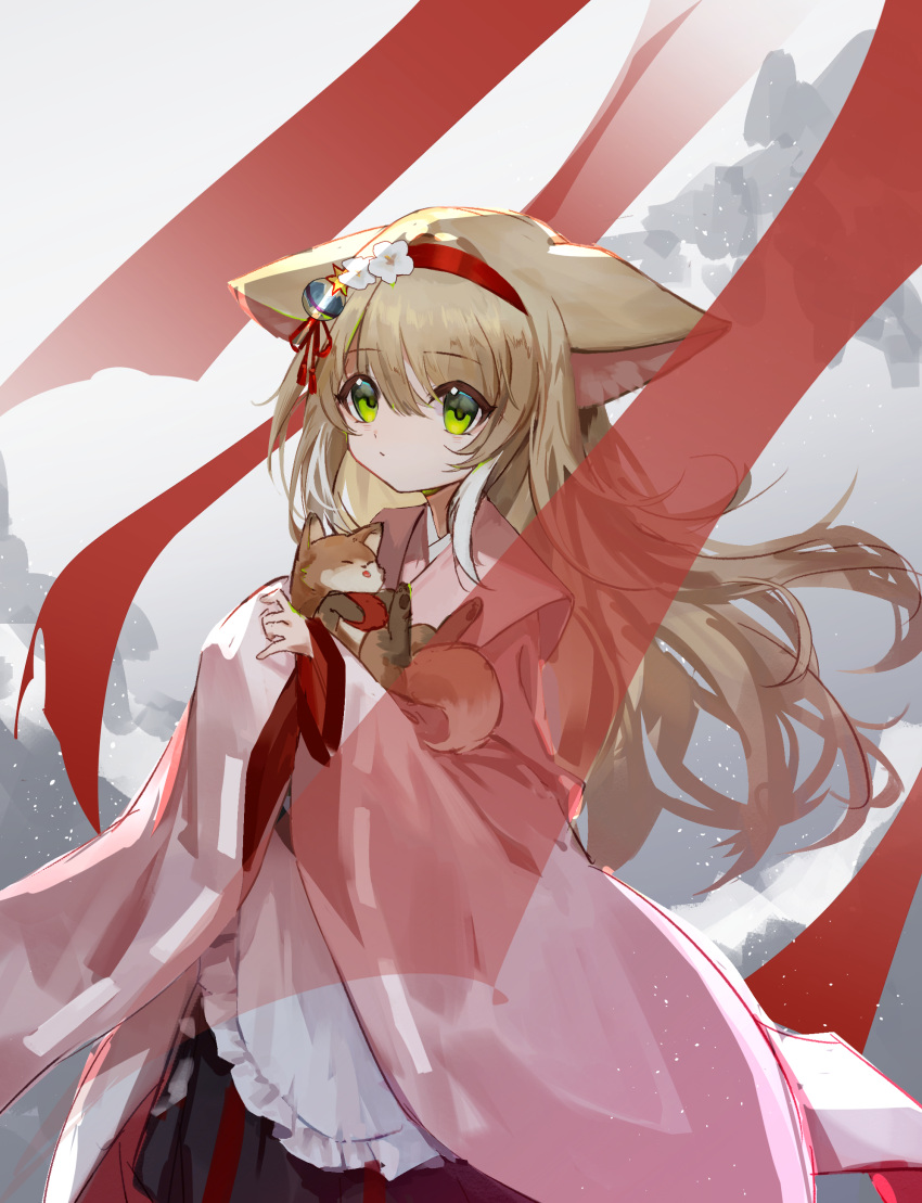 1girl absurdres animal animal_ears apron arknights brown_hair closed_mouth commentary_request flower fox fox_ears frilled_apron frills green_eyes hair_between_eyes hair_flower hair_ornament hairband hakama hakama_skirt highres holding holding_animal japanese_clothes kimono long_hair long_sleeves looking_at_viewer pink_kimono red_hairband red_hakama skirt sleeves_past_wrists solo suzuran_(arknights) suzuran_(yukibare)_(arknights) very_long_hair white_apron white_flower wide_sleeves z4_zzai