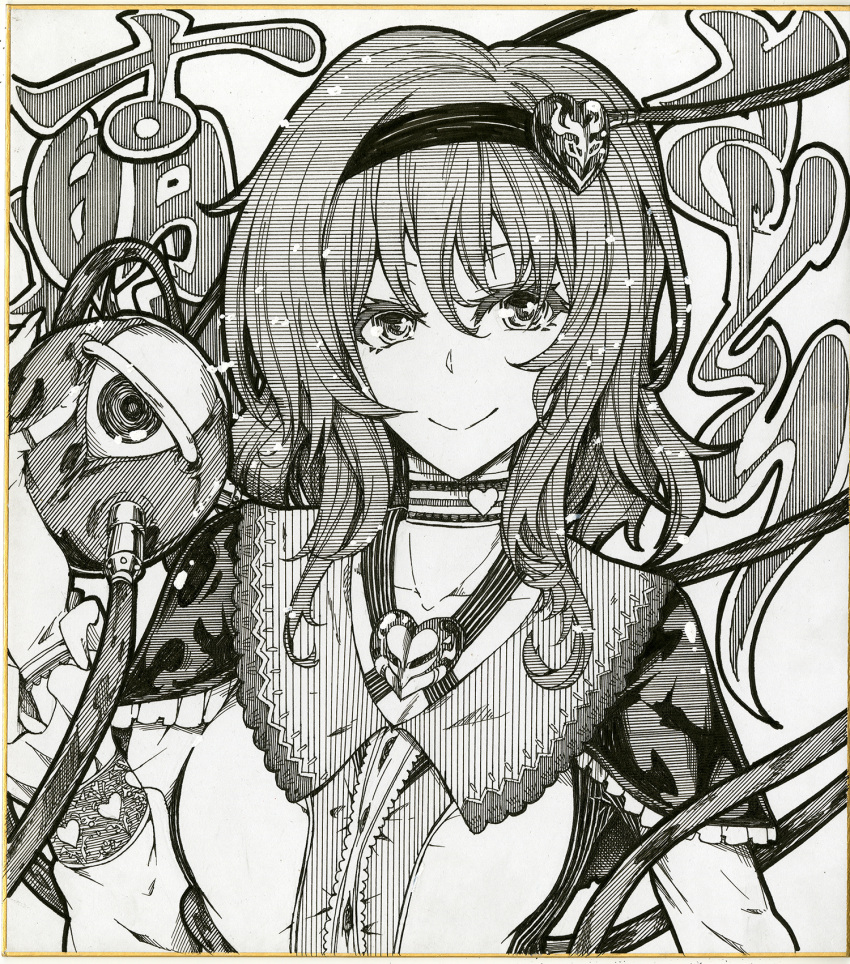 1girl breasts center_frills character_name closed_mouth collar commentary_request frills greyscale hairband heart heart_print highres ishida_kazuma komeiji_satori looking_at_viewer medium_hair monochrome shikishi smile solo third_eye touhou traditional_media upper_body