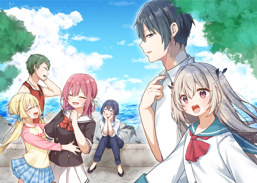 2boys 4girls absurdres ahoge ascot atri atri-my_dear_moments- black_hair black_shirt blonde_hair blue_eyes blue_pants blue_sailor_collar blue_skirt blue_sky breasts character_request clouds collared_shirt commentary_request day dress dress_shirt green_eyes green_hair grey_hair hair_between_eyes hair_intakes highres ikaruga_natsuki jako_(jakoo21) long_hair low_twintails medium_breasts multiple_boys multiple_girls ocean outdoors pants pink_hair plaid plaid_skirt pleated_skirt raglan_sleeves red_ascot red_eyes red_tank_top sailor_collar sailor_dress shirt skirt sky tank_top twintails two_side_up very_long_hair violet_eyes water white_dress white_sailor_collar white_shirt white_skirt yellow_shirt