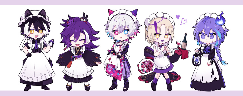 5boys :&lt; :d @_@ ^_^ alcohol alternate_costume animal_ears animal_on_head apron apron_basket argyle argyle_coat baby_bottle banzoin_hakka bird bird_on_head bk0416_v black_dress black_footwear black_gloves black_hair black_hakama black_kimono black_shorts blonde_hair blue_eyes blue_hair boots border bottle braid bright_pupils cartoon_bone closed_eyes closed_mouth cloth coat collared_dress color_connection commentary corset crossdressing cup dress drinking_glass ear_piercing earrings english_commentary enmaided extra_arms facial_mark fake_animal_ears fang feather_hair_ornament feathers floral_print food fruit full_body gavis_bettel gloves grey_hair hair_between_eyes hair_ornament hakama hand_on_hip hat heart heterochromia high_heel_boots high_heels highres hitodama holding holding_bottle holding_lantern holding_plate holding_tray holostars holostars_english jackal_boy jackal_ears jackal_tail japanese_clothes jewelry kageyama_shien kimono lantern letterboxed lily_print long_hair long_sleeves looking_at_viewer magni_dezmond maid maid_apron maid_headdress male_focus minase_rio mob_cap mole mole_under_mouth multicolored_hair multiple_boys necktie okobo on_head own_hands_together parted_bangs phantom_(gavis_bettel) piercing pink_coat pink_eyes pink_hair plate ponytail print_hair purple_border purple_coat purple_dress purple_hair purple_necktie purple_socks scarf short_hair short_sleeves shorts single_braid single_earring skeleton_print skin_fang sleeveless sleeveless_dress smile socks stained_clothes standing strawberry streaked_hair striped striped_coat sweatdrop tabi tail tassel tassel_earrings tears thigh_boots tomato torn_apron torn_clothes torn_dress tray two-tone_hair v-shaped_eyebrows vertical-striped_coat vertical_stripes violet_eyes virtual_youtuber white_apron white_background white_hair white_pupils white_scarf white_socks wine wine_bottle wine_glass wrist_cuffs yellow_eyes