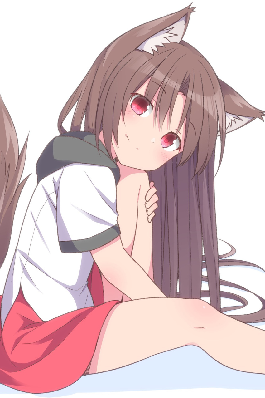 1girl adapted_costume aged_down animal_ear_fluff animal_ears bare_legs brown_hair fang fang_out highres imaizumi_kagerou kazawa_(tonzura-d) long_hair looking_at_viewer looking_to_the_side miniskirt red_eyes red_skirt shirt short_sleeves simple_background sitting skin_fang skirt smile tail touhou white_background white_shirt wolf_ears wolf_girl wolf_tail